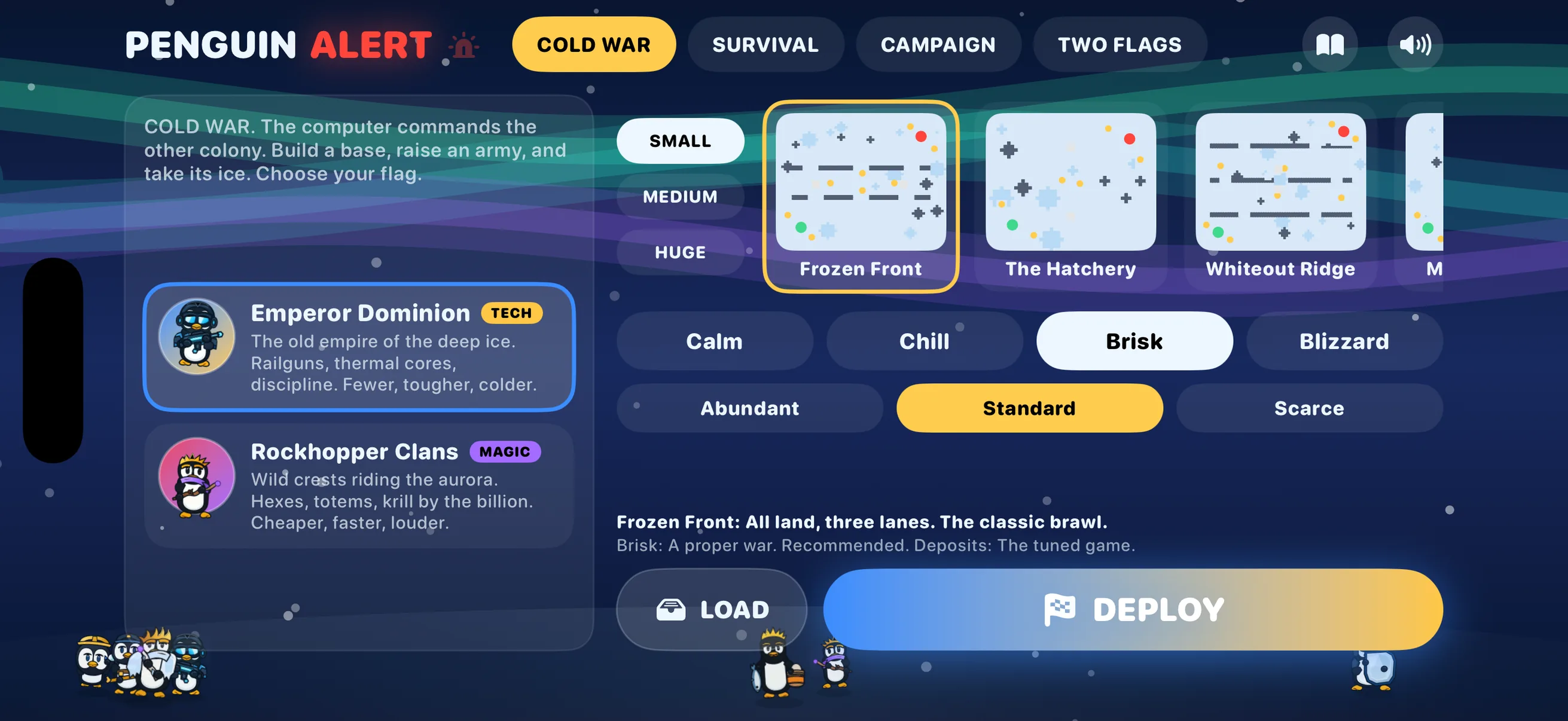 The Penguin Alert main menu under an aurora sky: mode tabs for Cold War, Survival, Campaign and Two Flags, illustrated faction cards for the Emperor Dominion and the Rockhopper Clans, map and difficulty pickers, and a wide DEPLOY button.